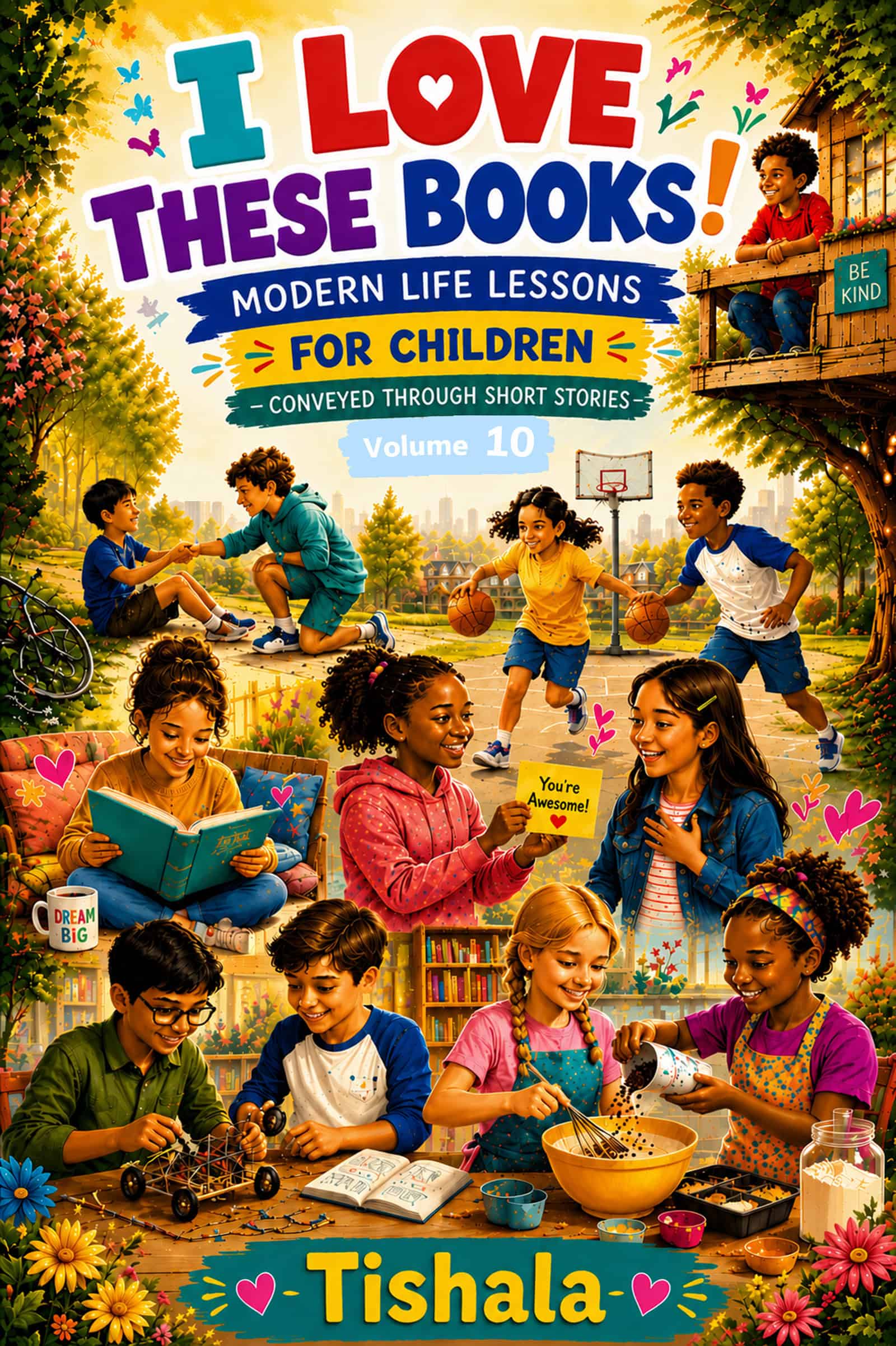 Colorful cover of iLoveTheseBooks!™ Volume 10 with children reading and playing.