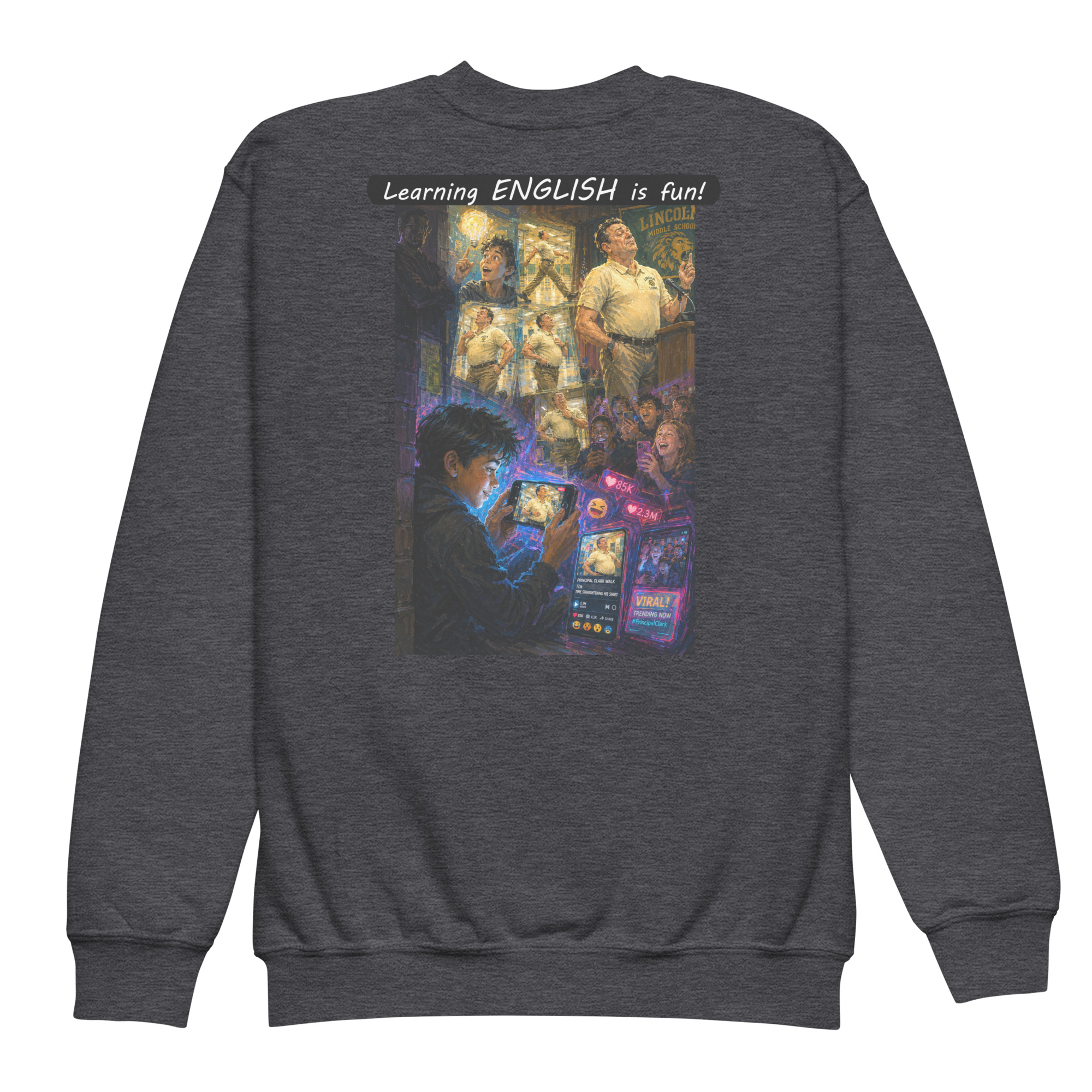 Youth crewneck sweatshirt - Learning ENGLISH is fun! - The Influencer - Image 2